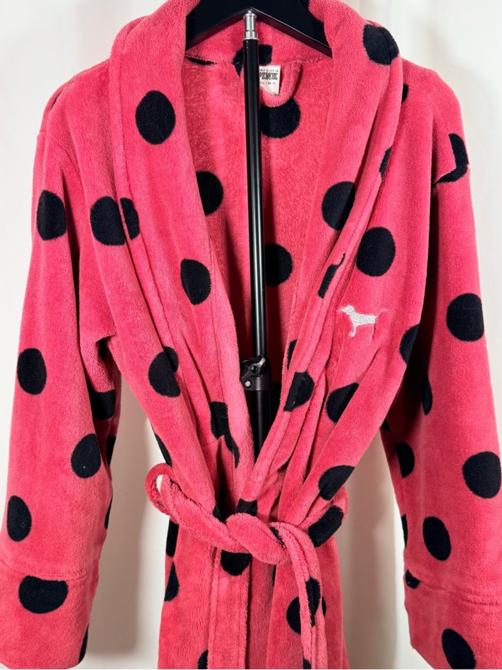 PINK Victoria's Secret Coral Pink Plush Robe with Black Polka Dots